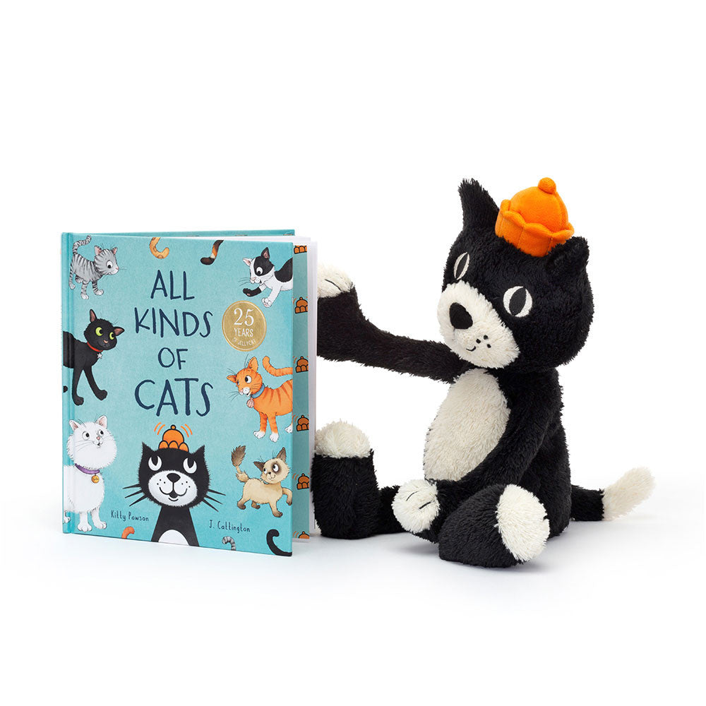 Plush cat toy with a book titled 'All Kinds of Cats' on a white background.