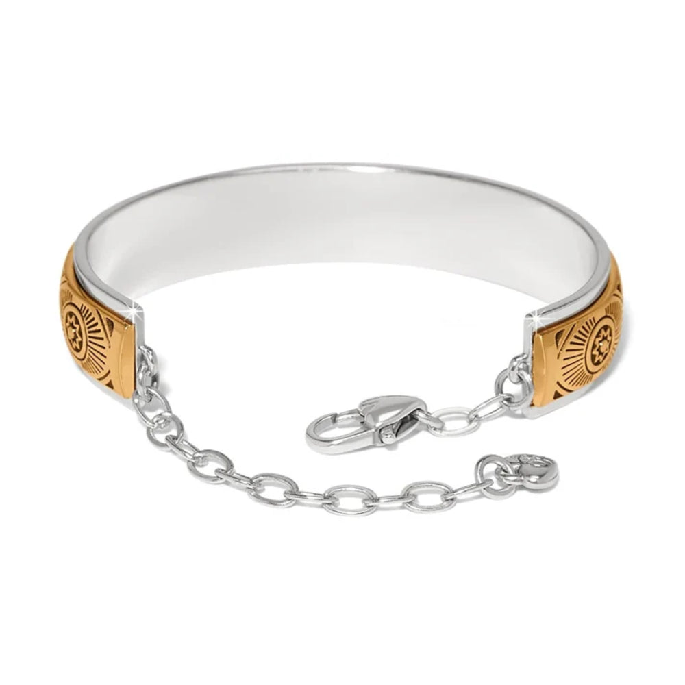 Silver and gold bracelet with chain on a white background