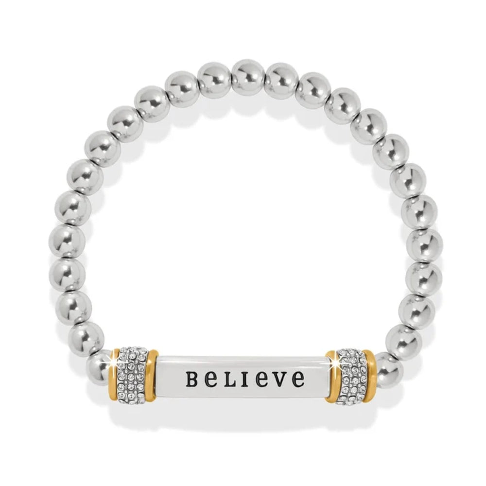 Silver beaded bracelet with 'BELIEVE' charm on a white background