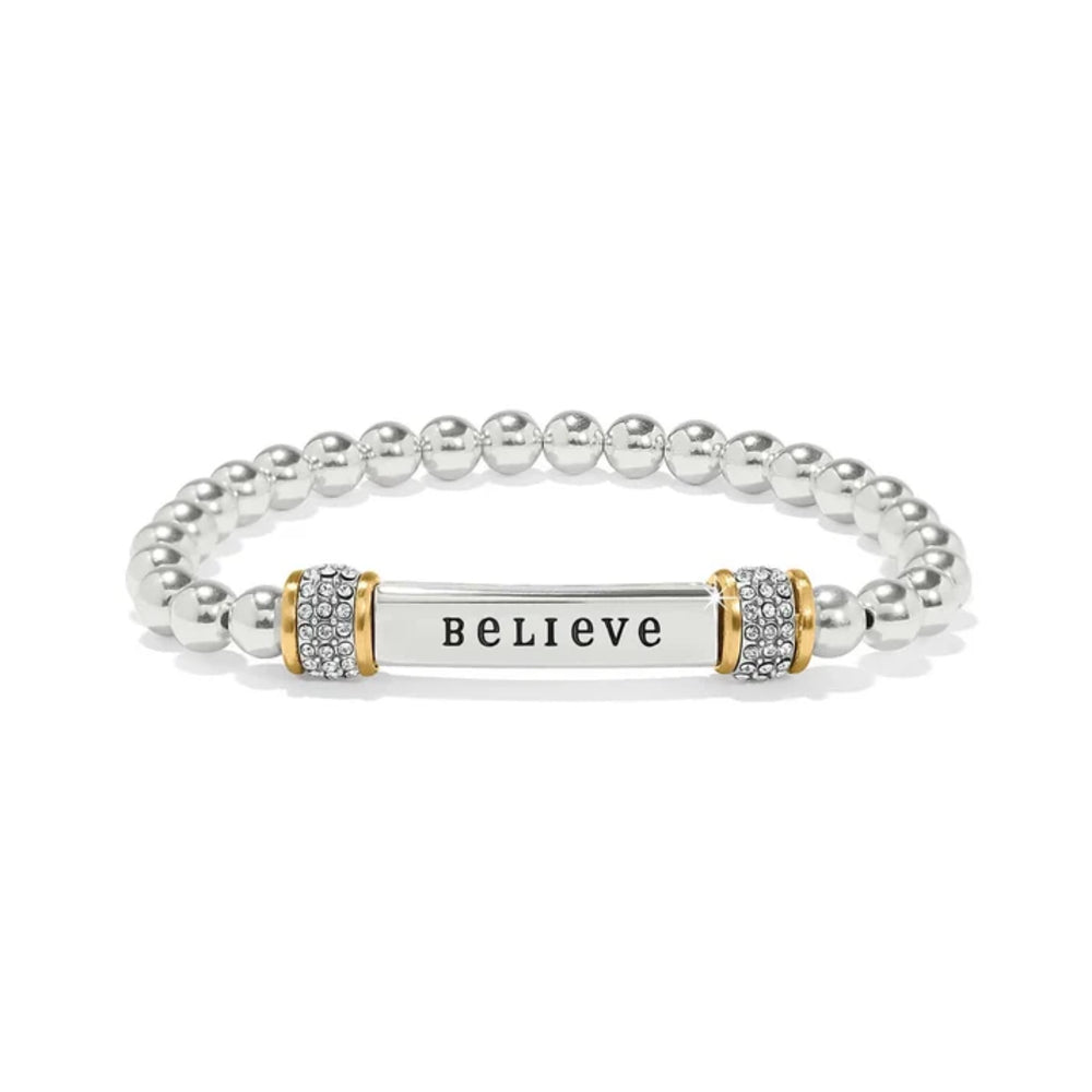 Silver beaded bracelet with a gold and silver bar featuring the word 'CHERISHED'.