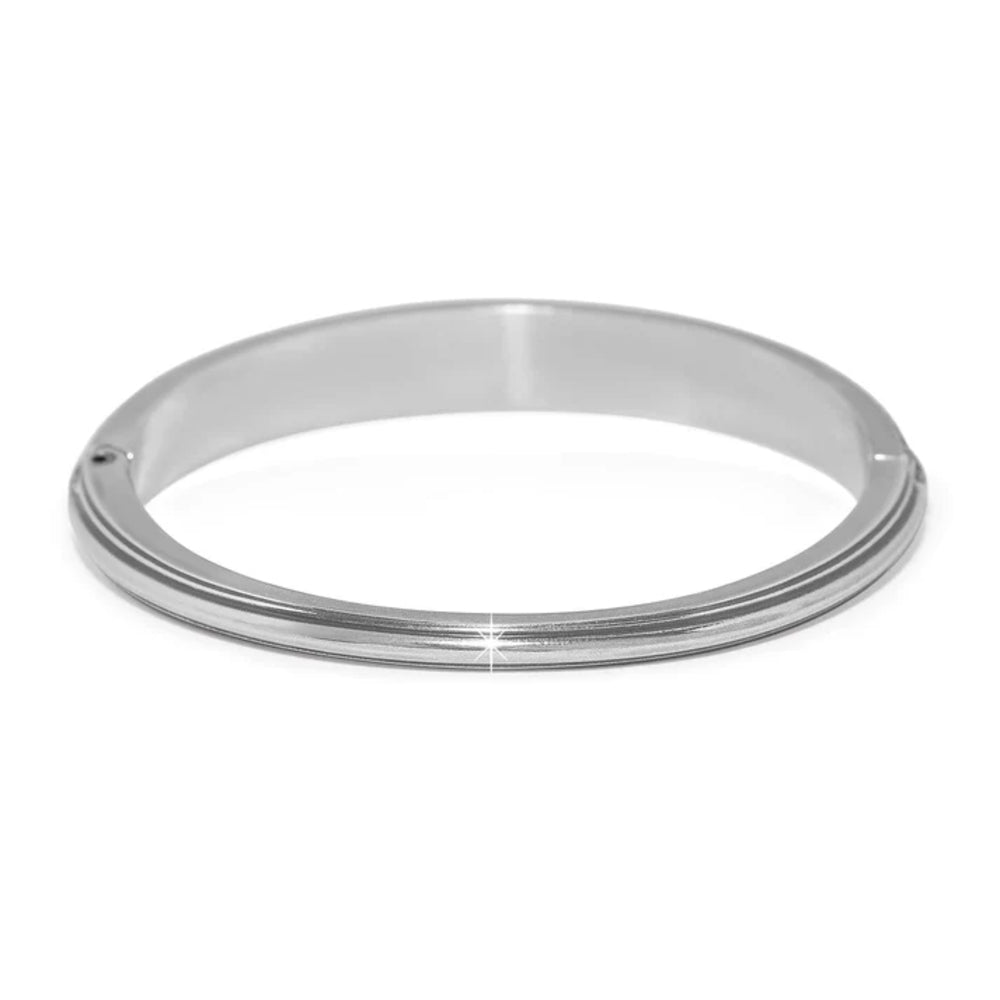 A polished silver-toned metal bangle bracelet with a smooth, reflective finish, shown on a clean white background.