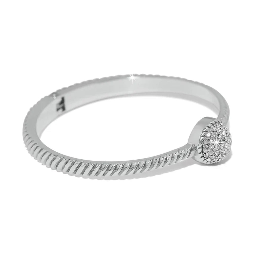Silver bracelet with a decorative clasp on a white background