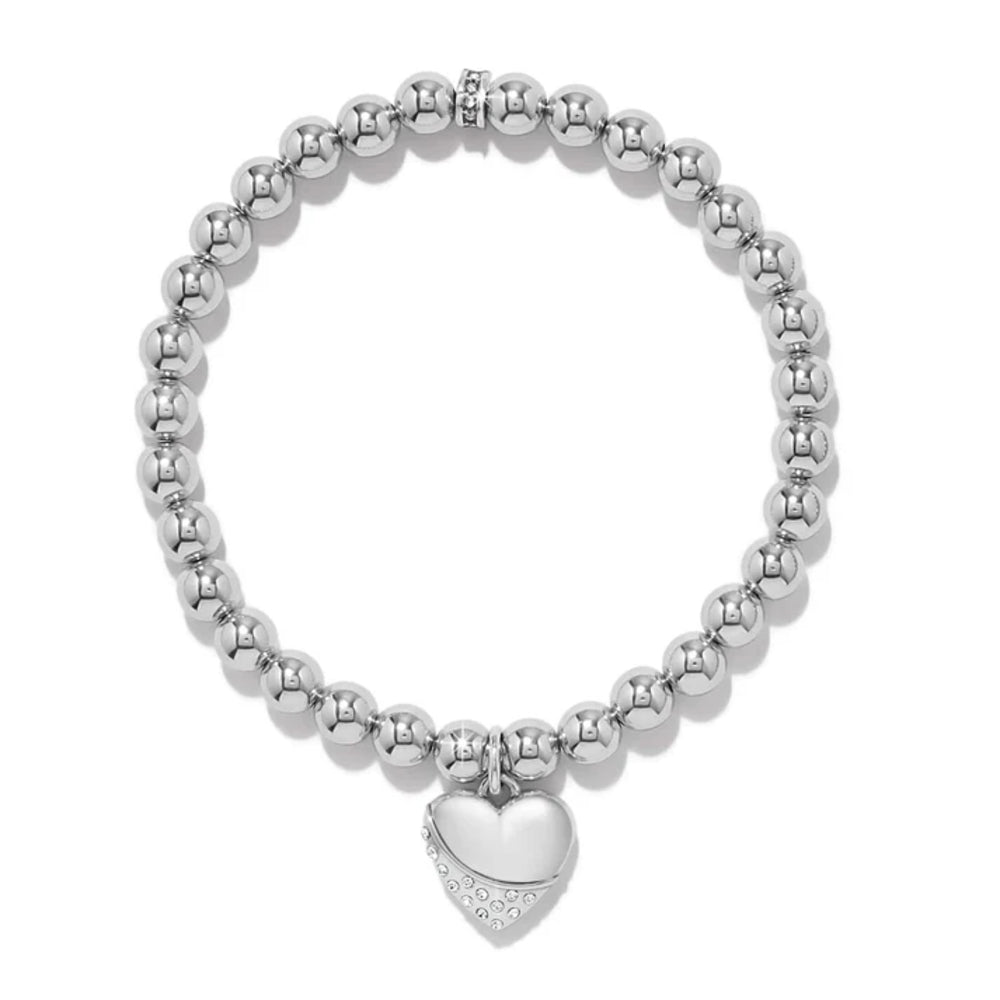 Silver beaded bracelet with a heart charm on a white background