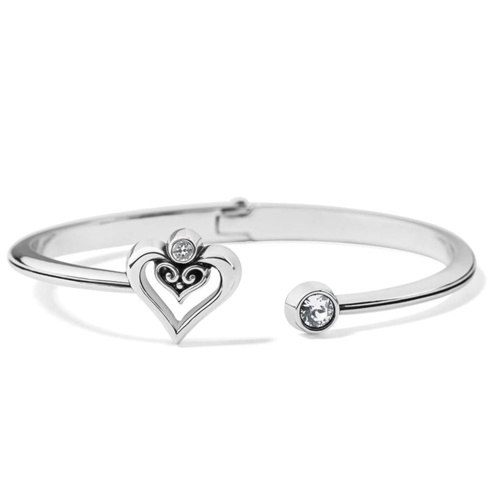 Silver bracelet with heart-shaped charm and crystal accents on a white background