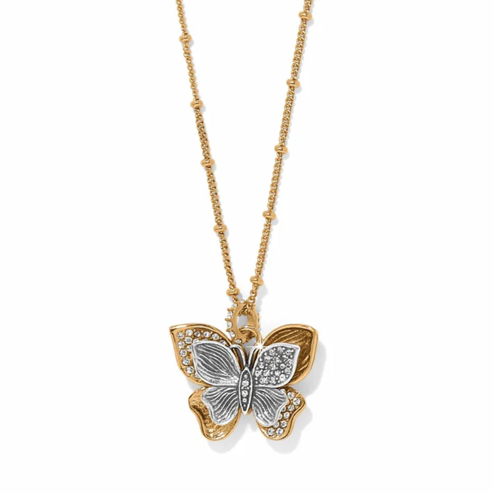 Butterfly pendant necklace with gold and silver design on a white background