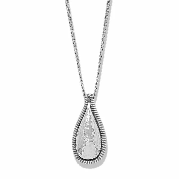 Silver teardrop pendant necklace on a white background