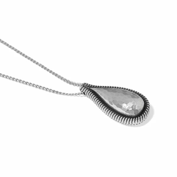Silver teardrop pendant necklace on a white background