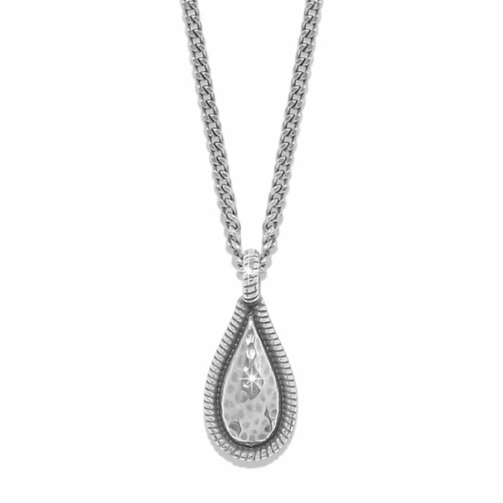 Silver teardrop pendant necklace on a white background