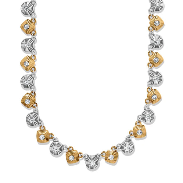 Necklace with gold and silver circular pendants on a white background