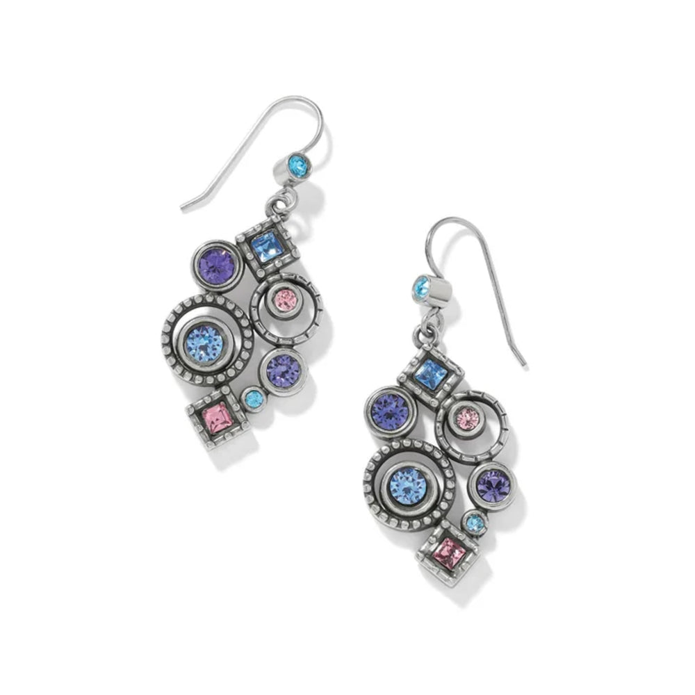 A pair of silver-toned dangle earrings with multiple bezel-set gemstones in light blue, purple, and pink, displayed on a clean white background.
