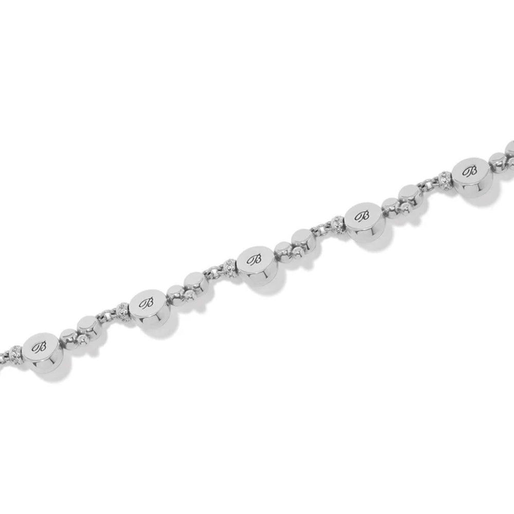 A silver-toned beaded necklace featuring alternating large faceted beads and smaller metallic beads, displayed against a clean white background.