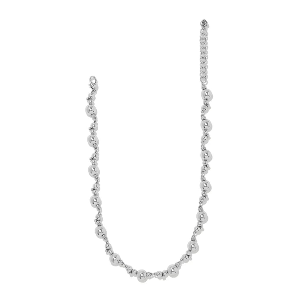 A silver beaded chain necklace with a textured, faceted bead design, displayed in a U-shape against a solid white background.