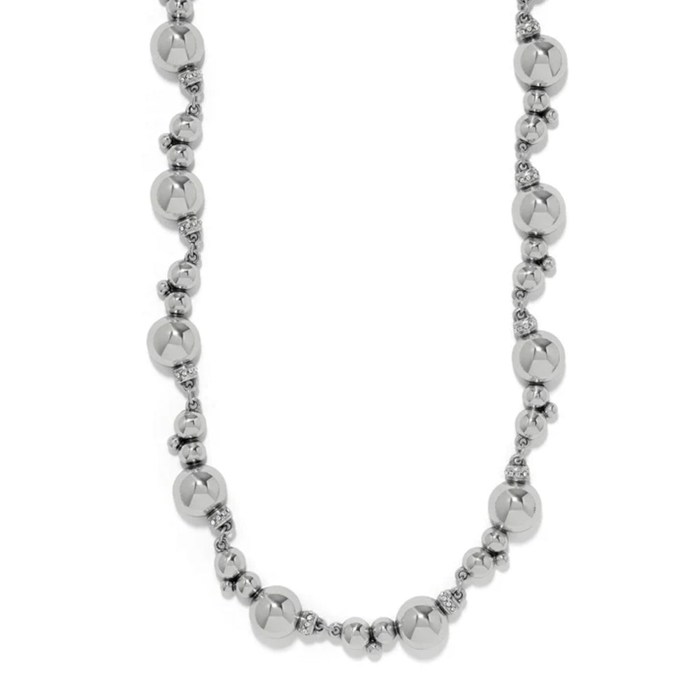 Silver beaded necklace on a white background