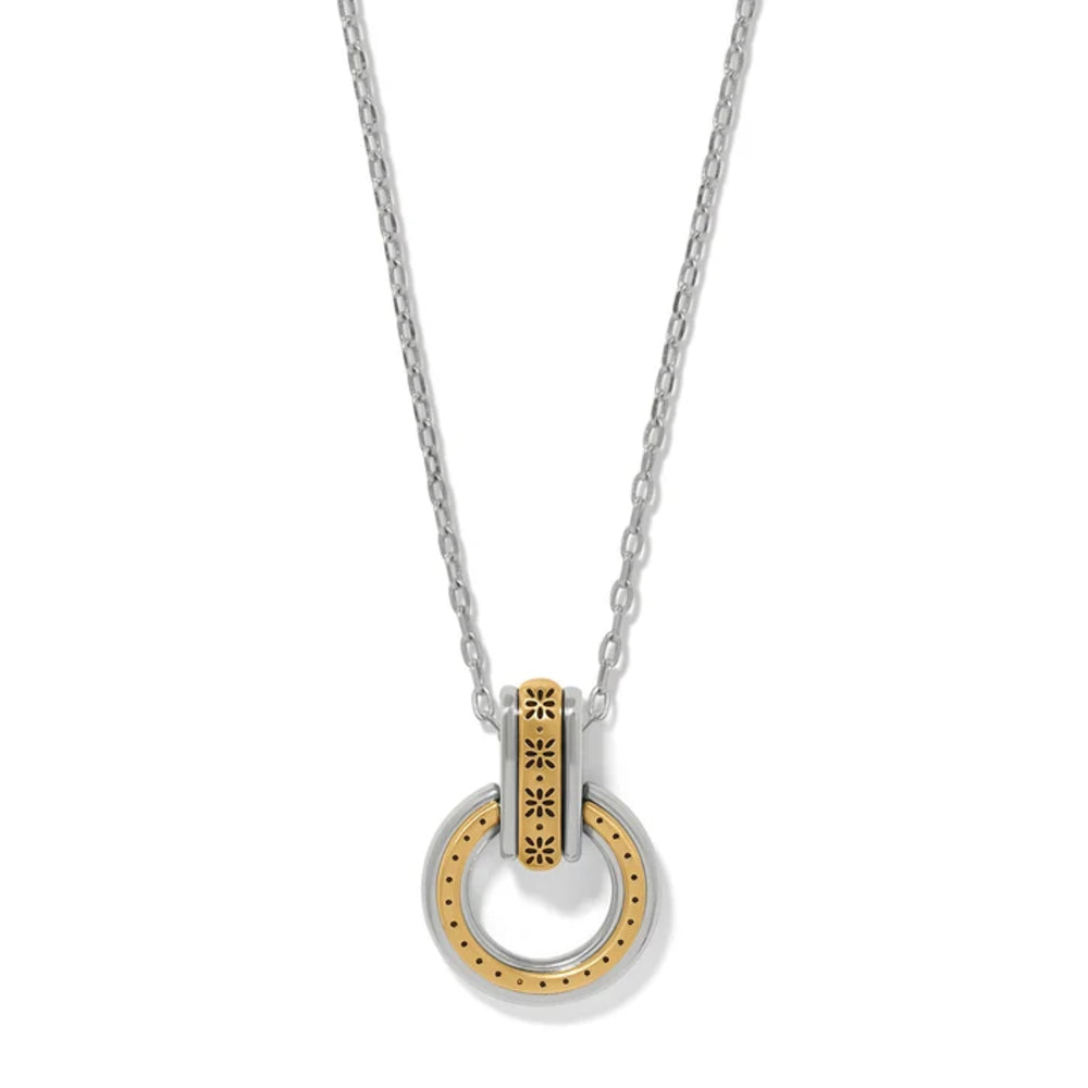 A two-tone necklace featuring a silver chain, a silver ring pendant, and a decorative gold spacers and engraved details, shown on a clean white background.