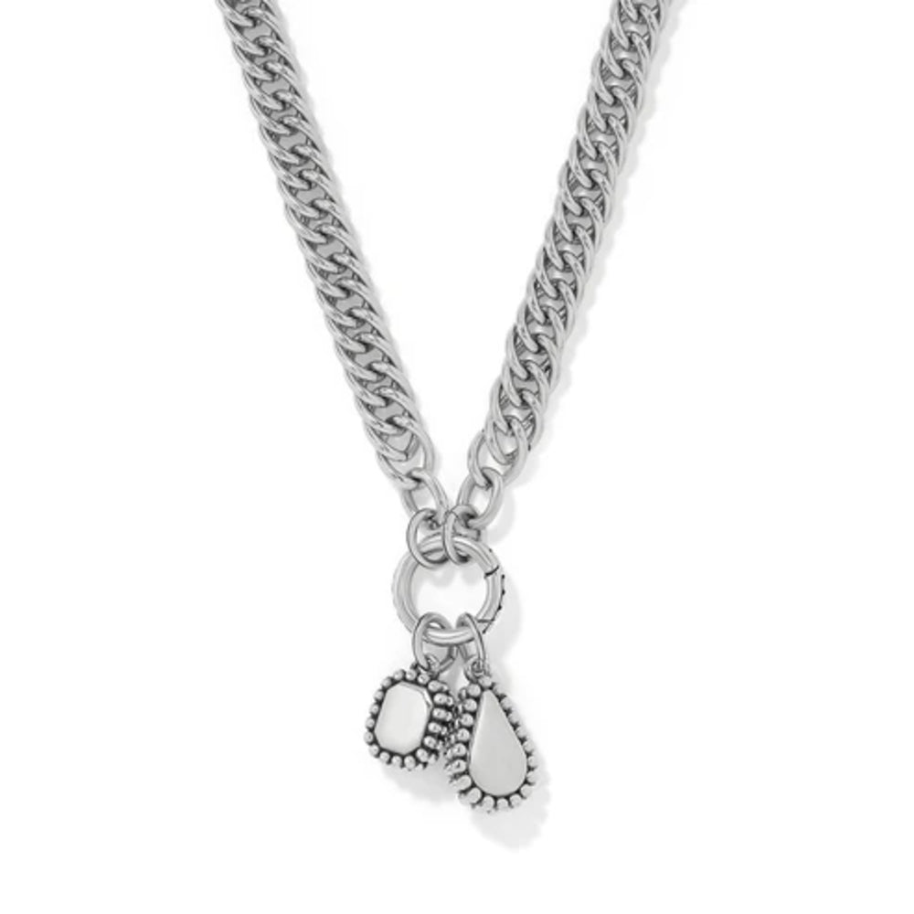 A silver-tone chain necklace with two dangling charms shaped like small teardrops or leaves, shown on a plain white background.