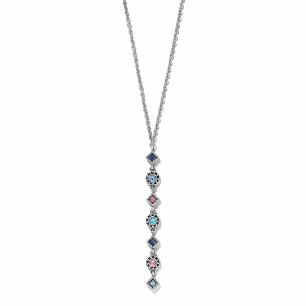 A silver-toned dangle necklace featuring a vertical chain of seven small diamond-shaped settings with alternating blue and pink gemstones, shown against a plain white background.