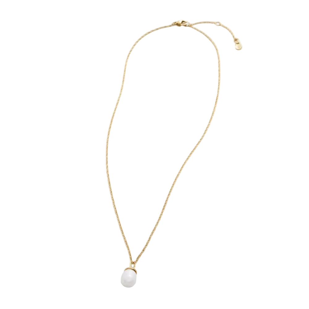 A delicate gold chain necklace featuring a single white pearl pendant, displayed against a light blue background.