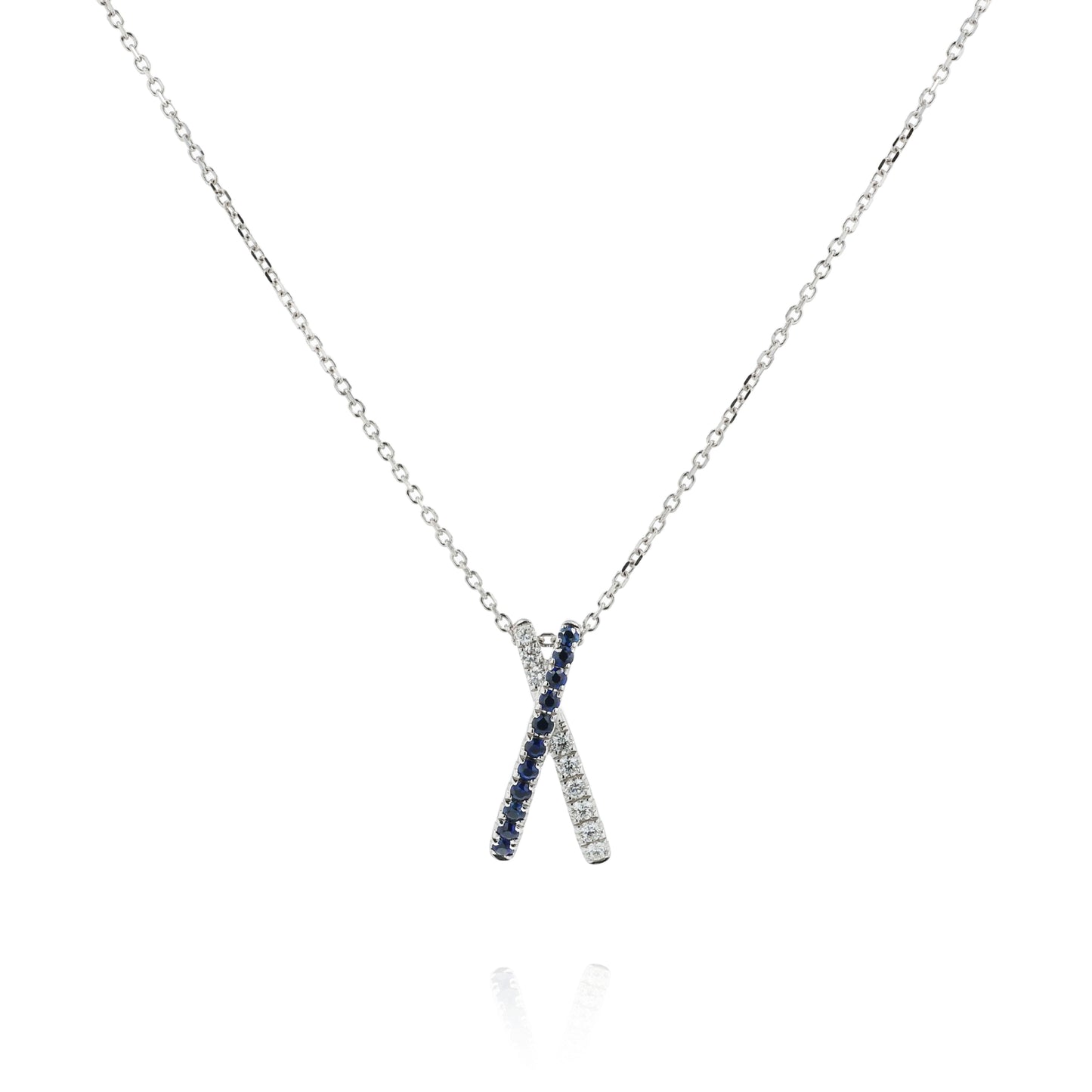 18k White Gold Half Sapphire and Diamond 'X' Design Pendant Necklace