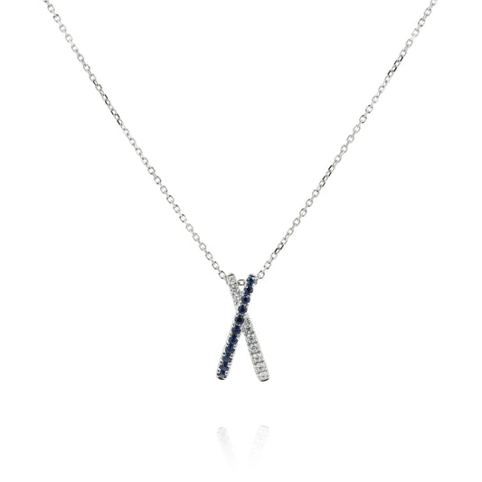 18k White Gold Half Sapphire and Diamond 'X' Design Pendant Necklace