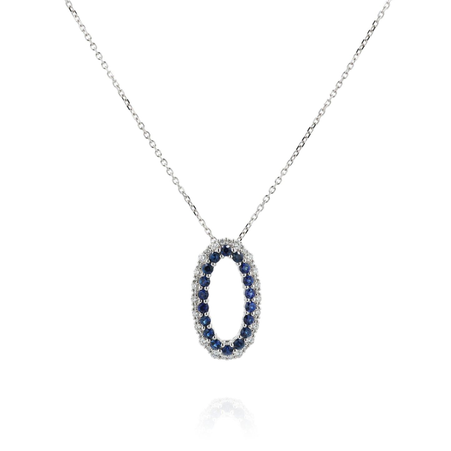 18k White Gold Sapphire and Diamond Open Oval Pendant Necklace