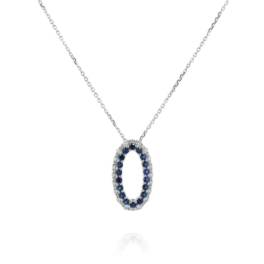 18k White Gold Sapphire and Diamond Open Oval Pendant Necklace