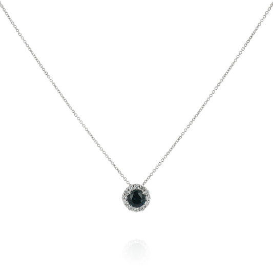 18k White Gold 1ct Sapphire and Diamond Halo Pendant Necklace