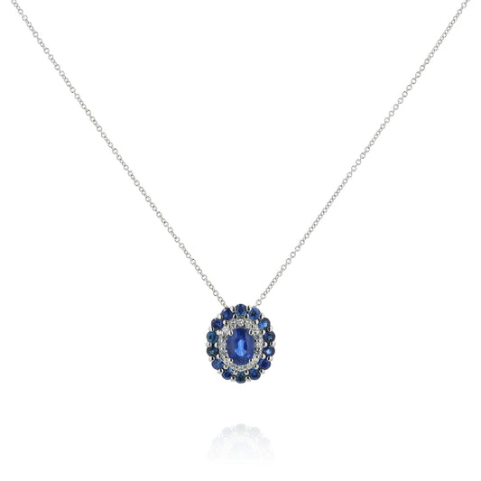 18k White Gold Oval Sapphire and Diamond Double Halo Pendant Necklace