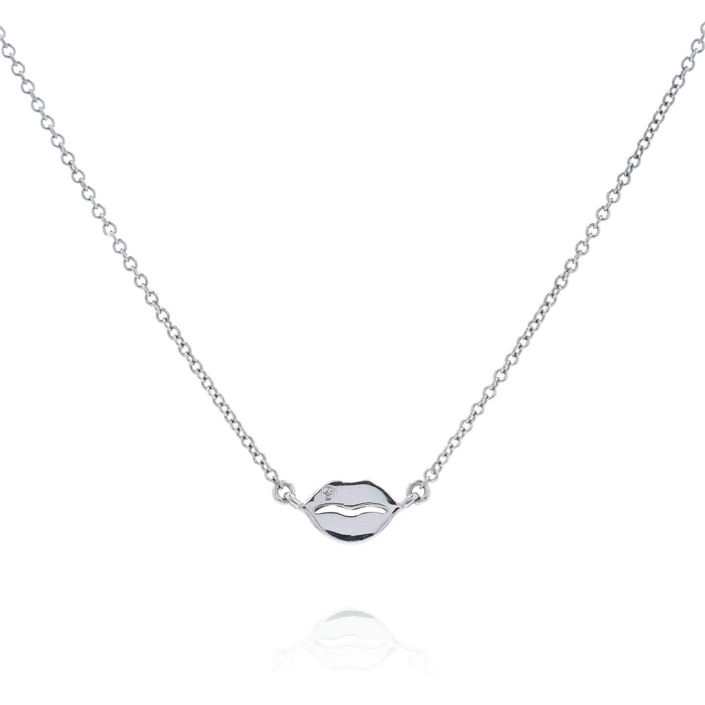White gold small lip design diamond pendant necklace on a white background