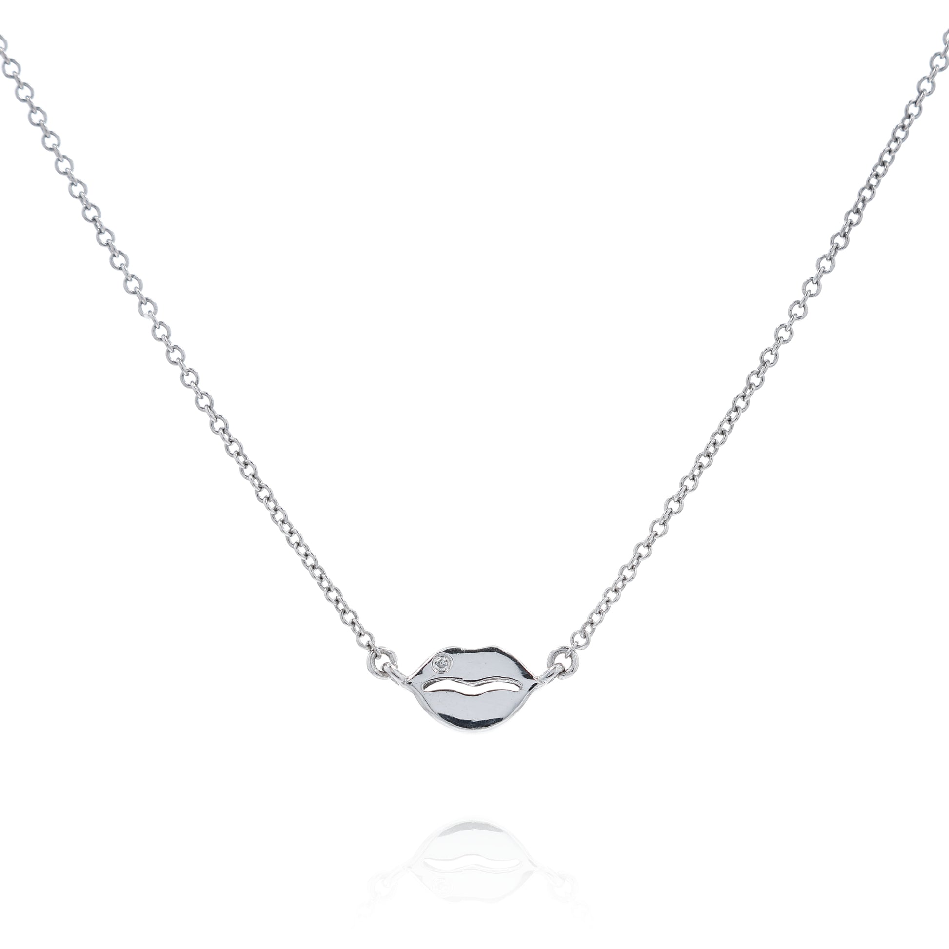 White gold small lip design diamond pendant necklace on a white background