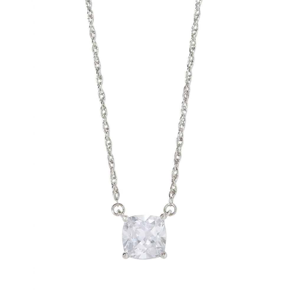 A silver chain necklace with a cushion-cut clear gemstone pendant in a four-prong setting, shown against a plain white background.