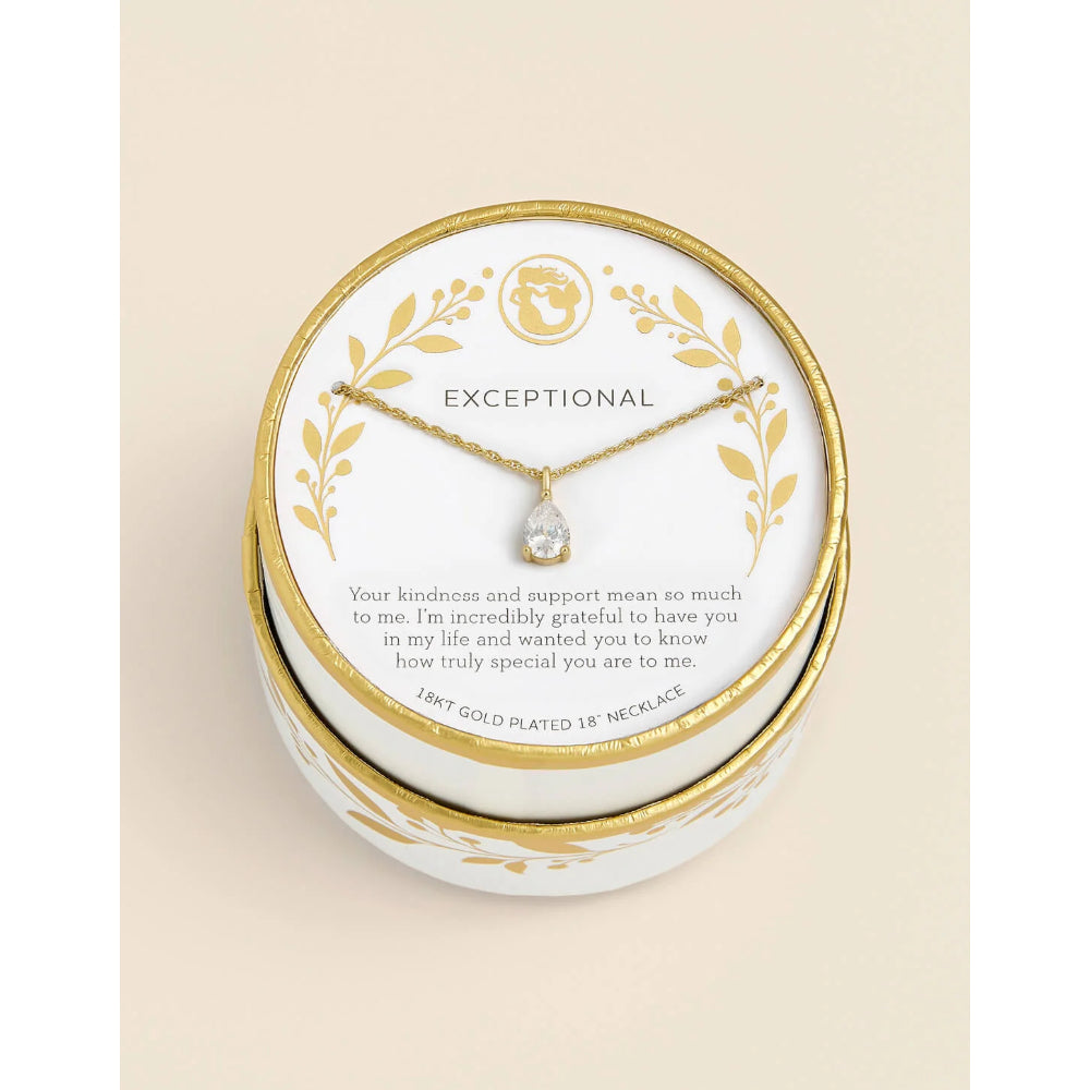 A gold-plated necklace with a clear teardrop-shaped gemstone pendant, presented on a white card inside a round white and gold gift box. The card reads 'EXCEPTIONAL' and includes a sentimental message, set against a solid light beige background.