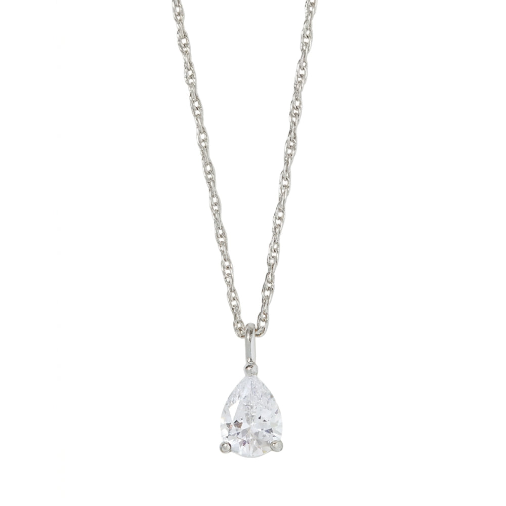 A silver chain necklace with a pear-cut clear gemstone pendant in a prong setting, shown against a plain white background.