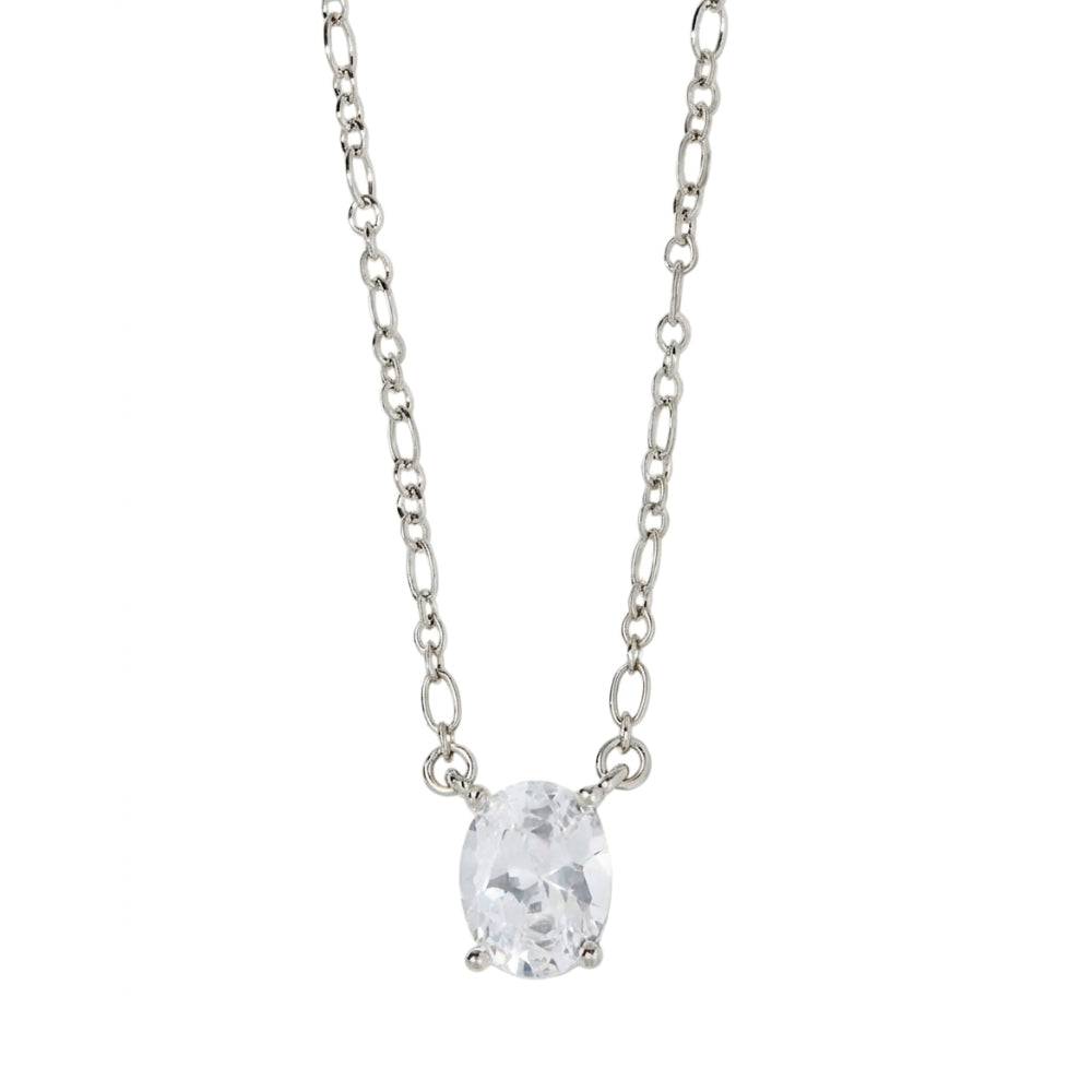 A silver-toned chain necklace with an oval clear gemstone pendant, shown against a plain white background.