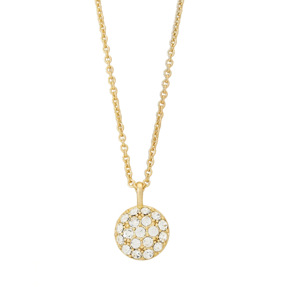 A gold chain necklace with a round pavé pendant set with clear gemstones, shown against a plain white background.