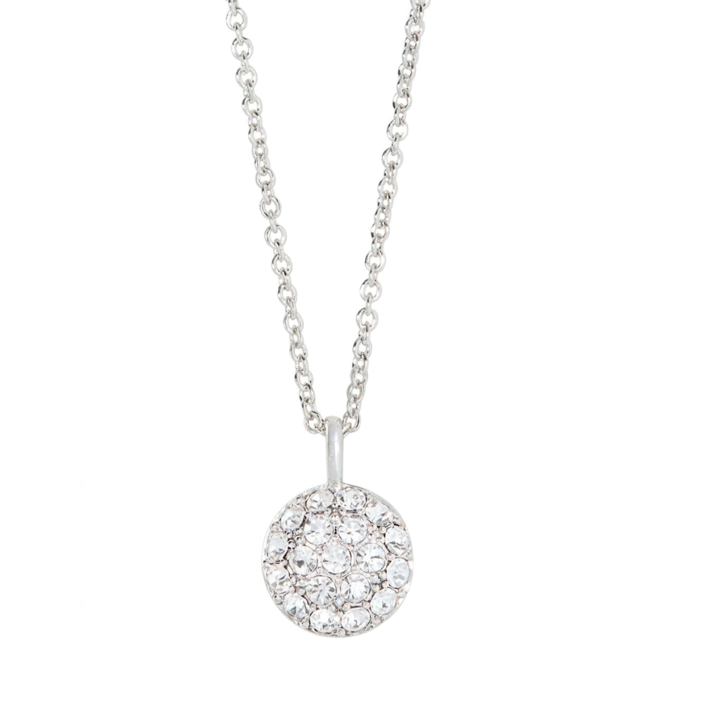 A silver-toned chain necklace with a round pavé pendant set with clear gemstones, shown against a plain white background.