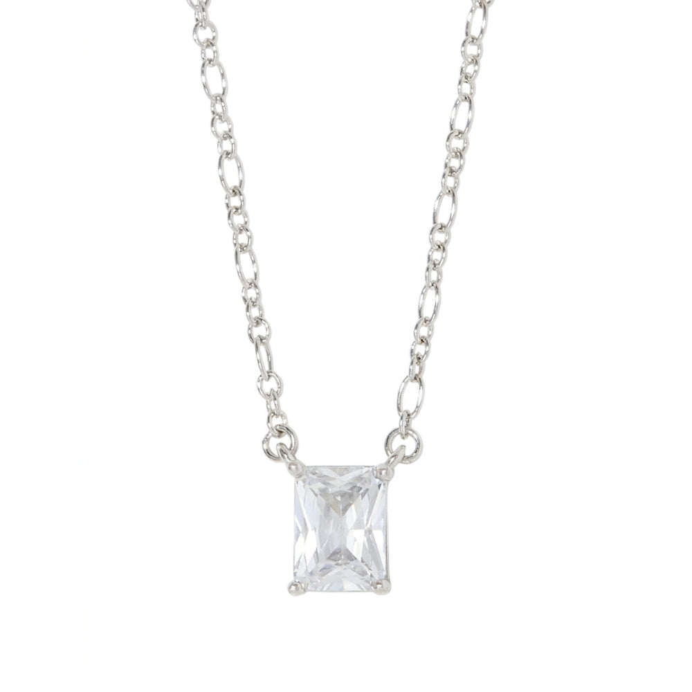 A silver chain necklace with a rectangular clear gemstone pendant, shown against a plain white background.