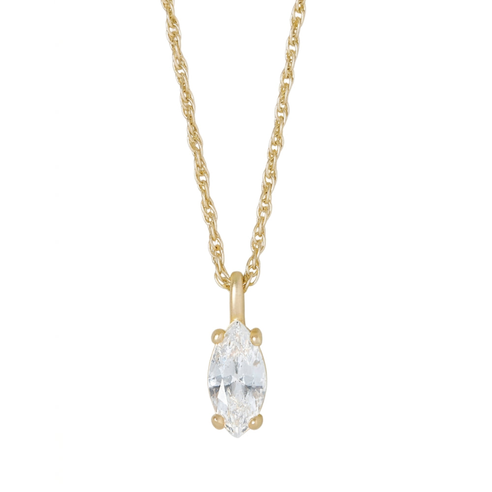 A gold chain necklace with a small gold bail holding a marquise-cut clear gemstone pendant, shown on a plain white background.