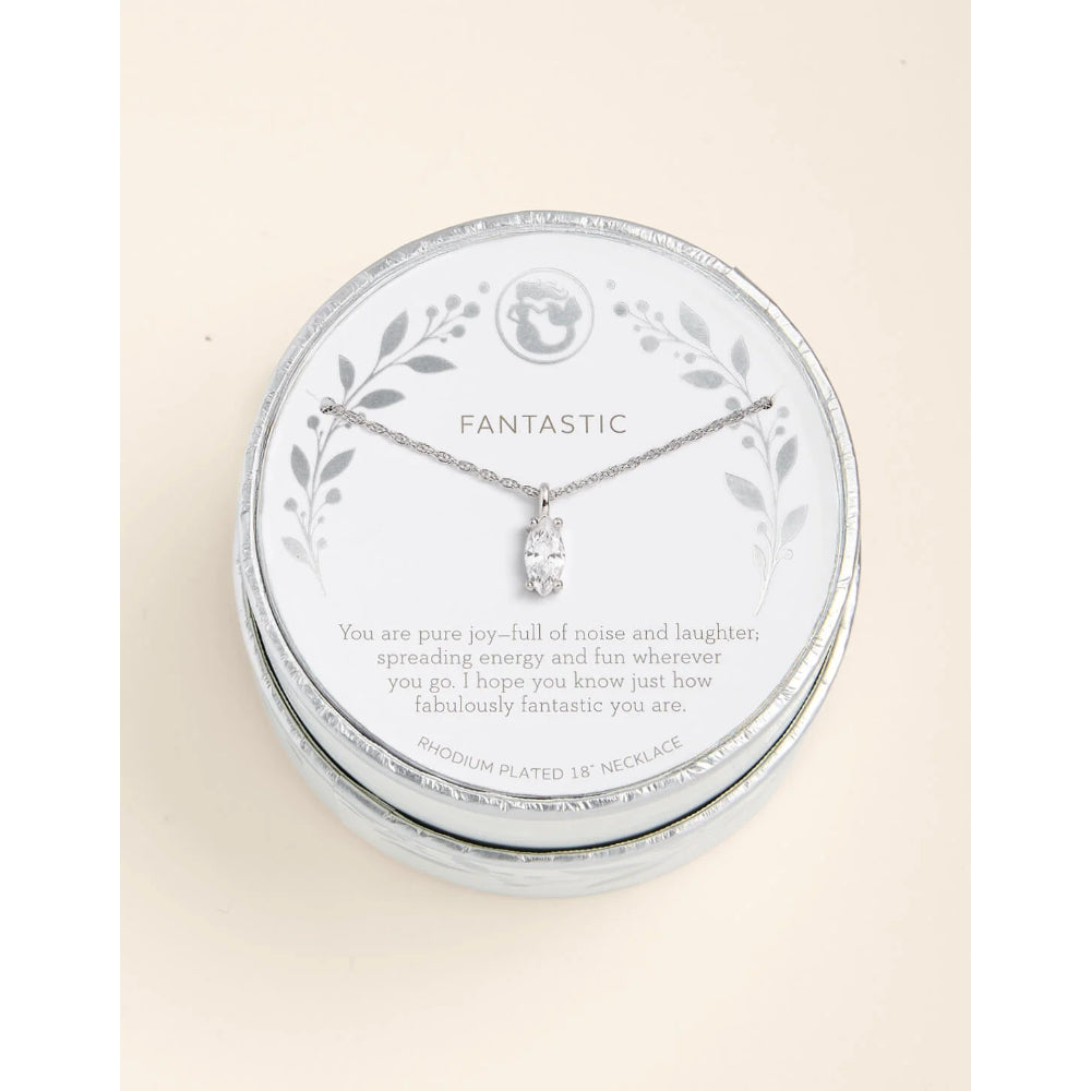 A silver-plated 18-inch necklace with a clear crystal pendant is displayed on a white circular backing card inside a round silver presentation box. The backing card features the word 'FANTASTIC' and a quote, set against a warm cream background.