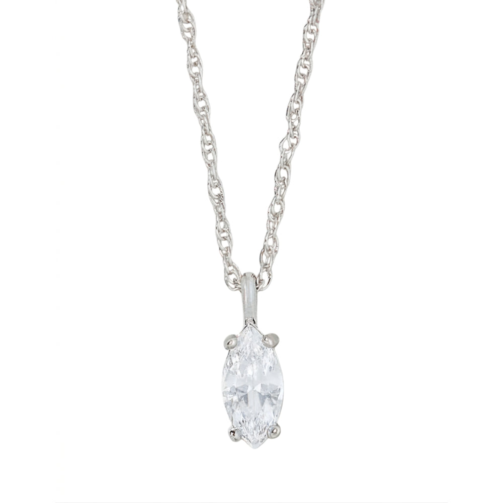 A silver necklace with a marquise-cut clear gemstone pendant, displayed against a solid white background.