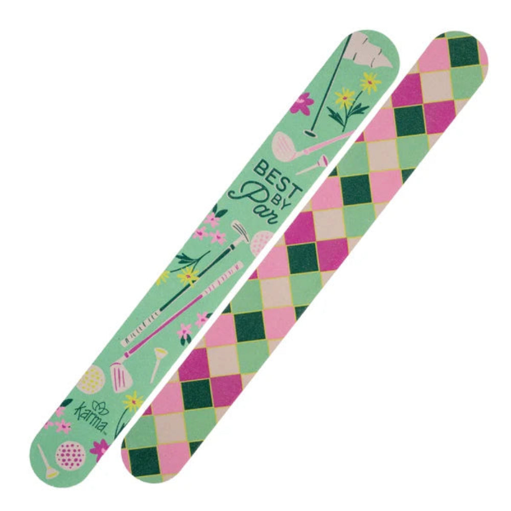 Two sides of a nail file with a golf-themed design, featuring a mint green floral pattern on one and a pink, green, and beige argyle pattern on the other, set against a plain white background.