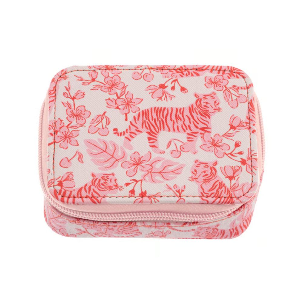 A small zippered pouch or organizer case with a pink and red floral and tiger print on a light background, shown against a plain white background.
