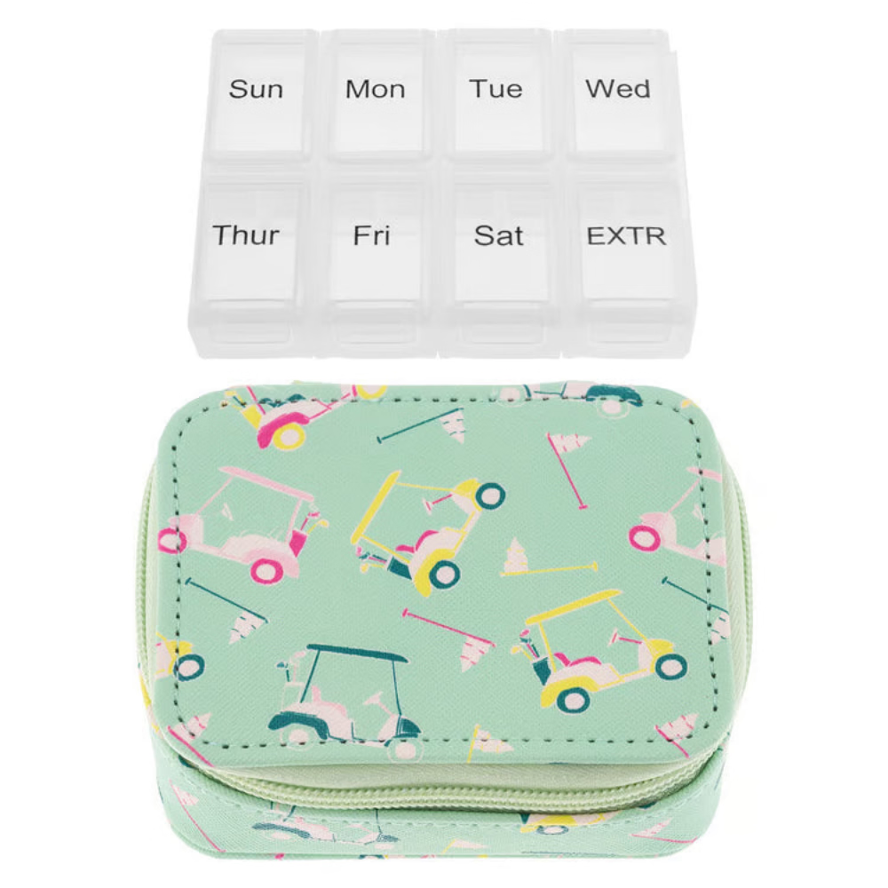 Weekly pill organizer with with golf pouch on a white background.