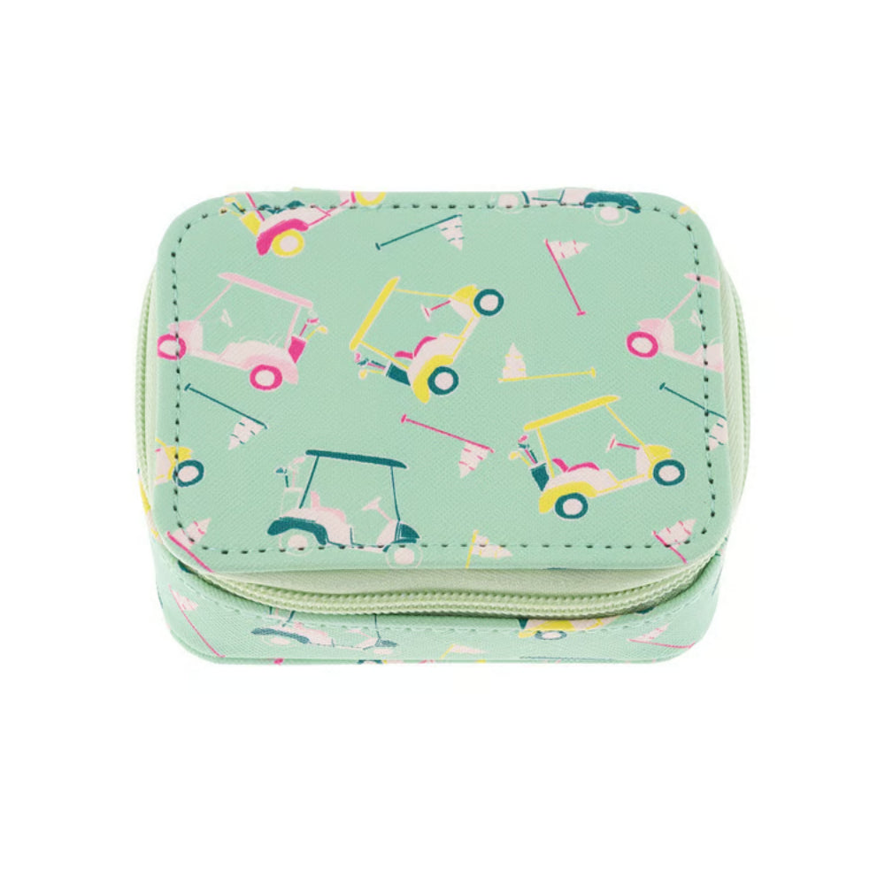 A mint green zippered pouch with a colorful golf cart pattern, shown against a plain white background.