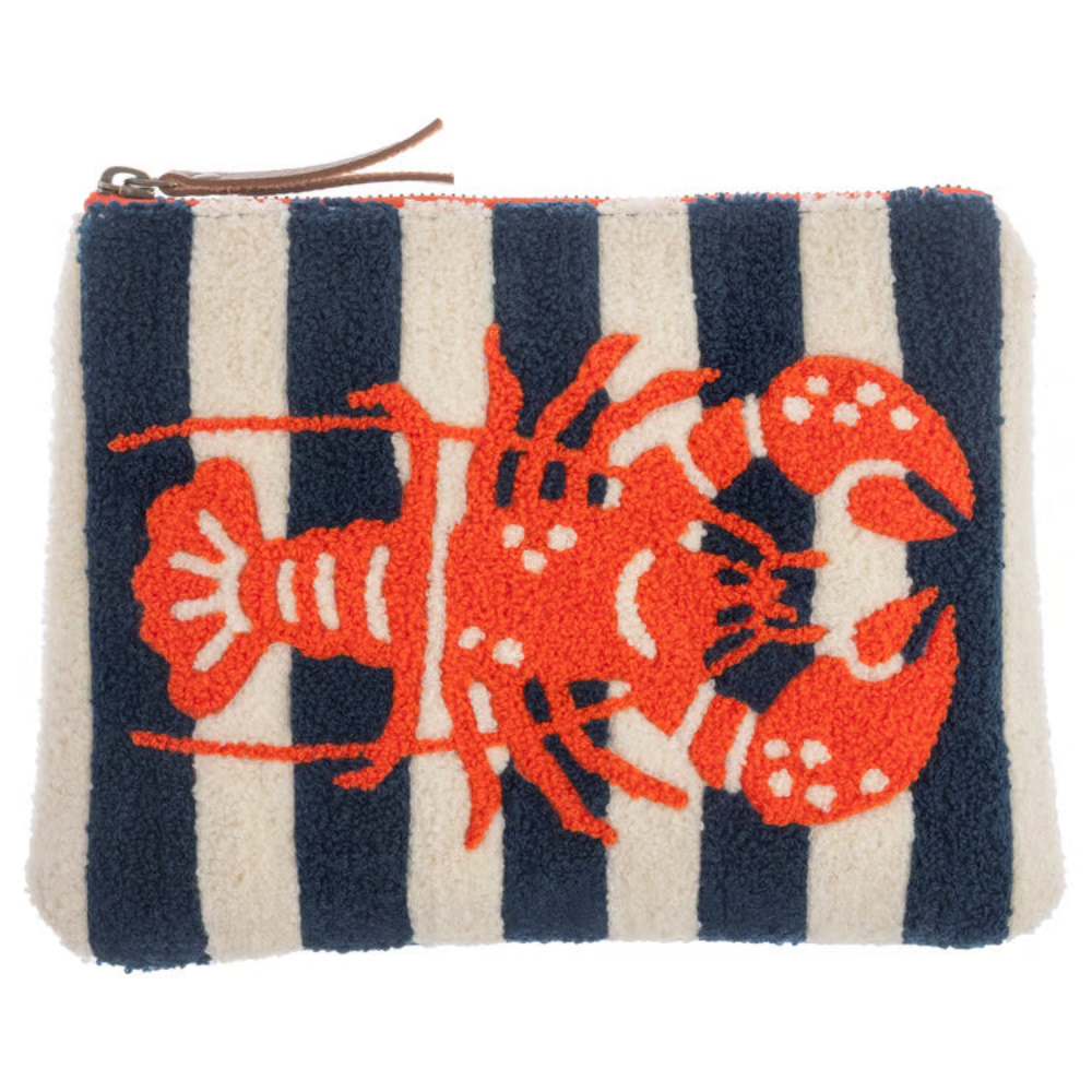 A small zip pouch with a navy and cream vertical stripe pattern and a large orange lobster motif across the front, shown on a plain white background.