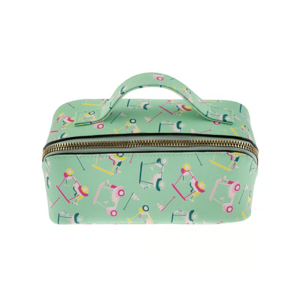 A mint green zippered cosmetic bag with a top handle, featuring a playful retro pattern of figures playing golf clubs and tees, set against a plain white background.