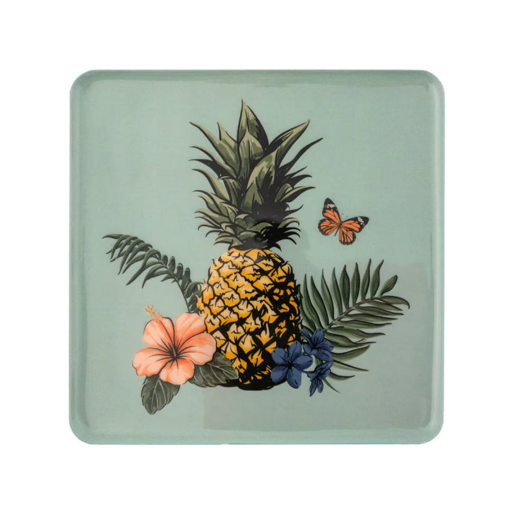 A square metal tray with rounded corners featuring a tropical design of a yellow pineapple, green leaves, a pink hibiscus flower, blue flowers, and an orange butterfly on a muted sage green background.
