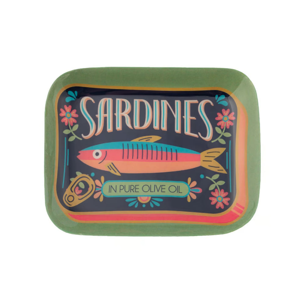 A rectangular metal tray with rounded corners, featuring a colorful illustration of a sardine on a dark navy background with the word 'SARDINES' and 'IN PURE OLIVE OIL' text. The tin has a muted green outer border and is shown on a plain white background.