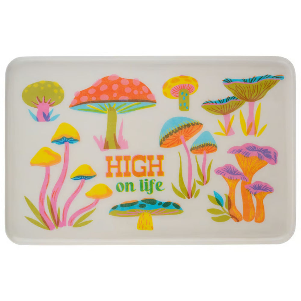 Rectangular tray with colorful mushroom design and 'High on Life' text on a white background