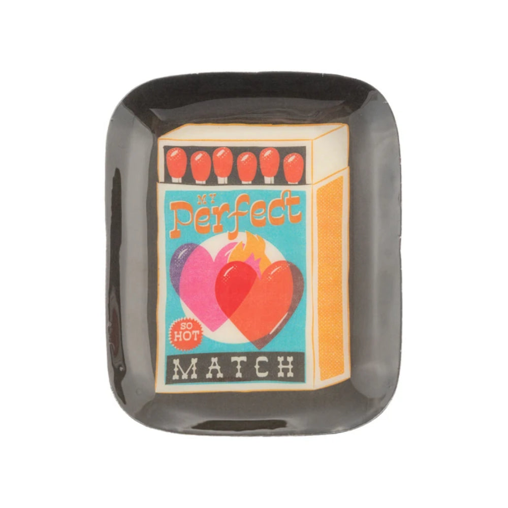 A square metal tray with rounded corners, featuring a printed graphic on the front that resembles a matchbox. The graphic includes the words 'Perfect Match' and 'NO HOT' alongside colorful heart illustrations in pink, red, and orange.