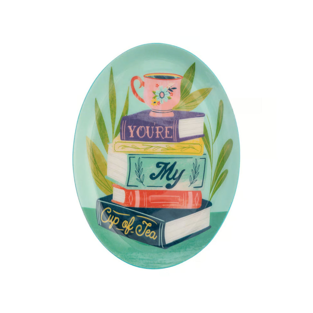 Book themed metal tray with a stack of colorful books with text saying "You're My Cup of Tea" on a white backround. 